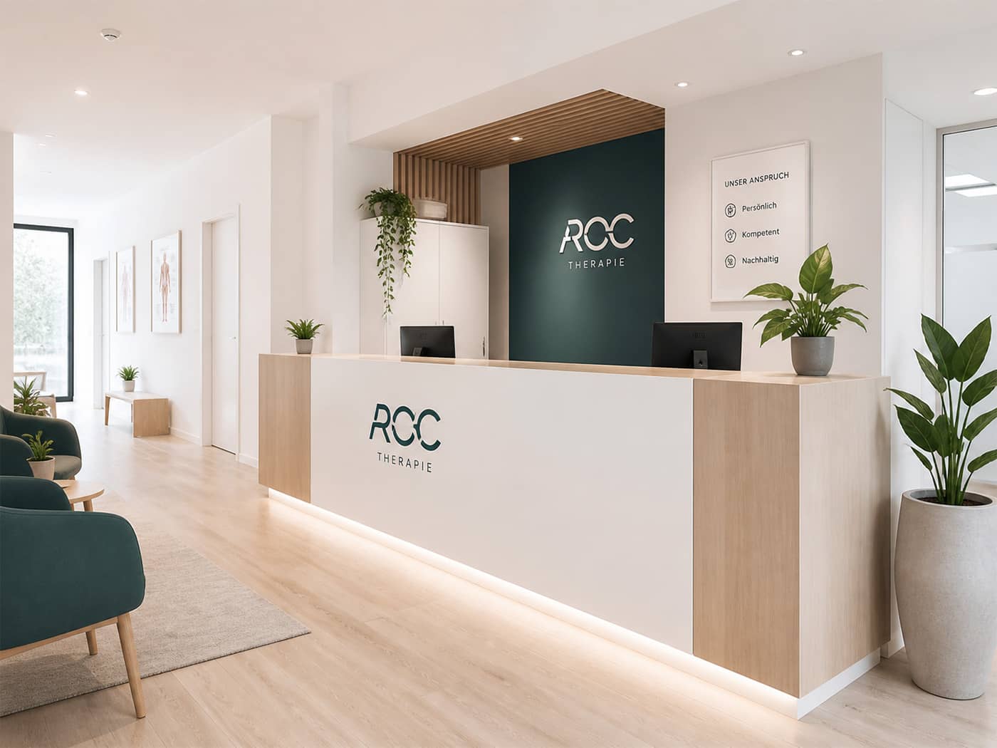 Empfang der ROC-Therapie-Praxis mit Logo an der Wand